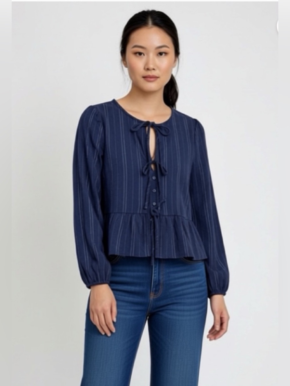 Kirious Los Angeles Navy Pinstripe Tie-Front Peplum Blouse Top Small NWT